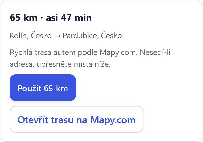 Návrh kilometrů: 65 km, asi 47 minut, podle Mapy.com.