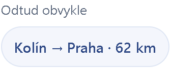 Tlačítko časté trasy v aplikaci: Odtud obvykle – Kolín → Praha · 62 km.